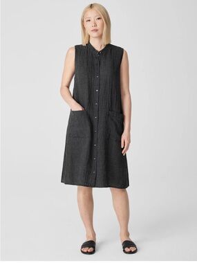 Eileen Fisher Puckered Organic Linen Sleeveless Dress Sz M Black Gray Gingham